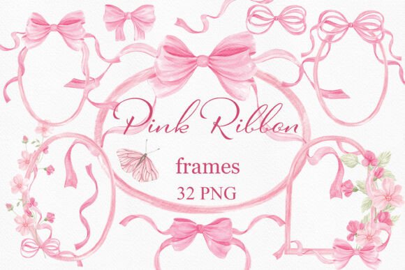 Download Watercolor Pink Ribbon Flower Frames - Lower Collection